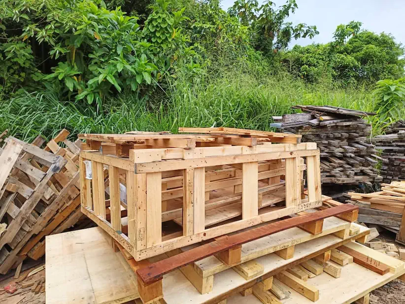 A dozen of Recycled wood stacking on roadside
